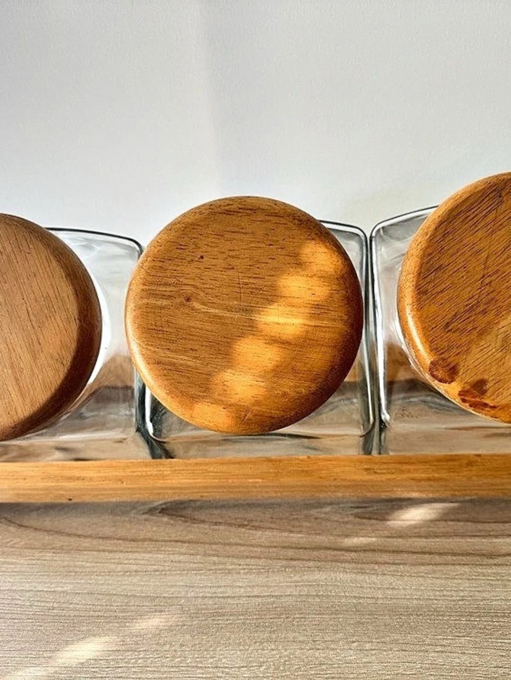 Retro MCM Glass Canister Set of 3 with Wood Rack | Canada Marked